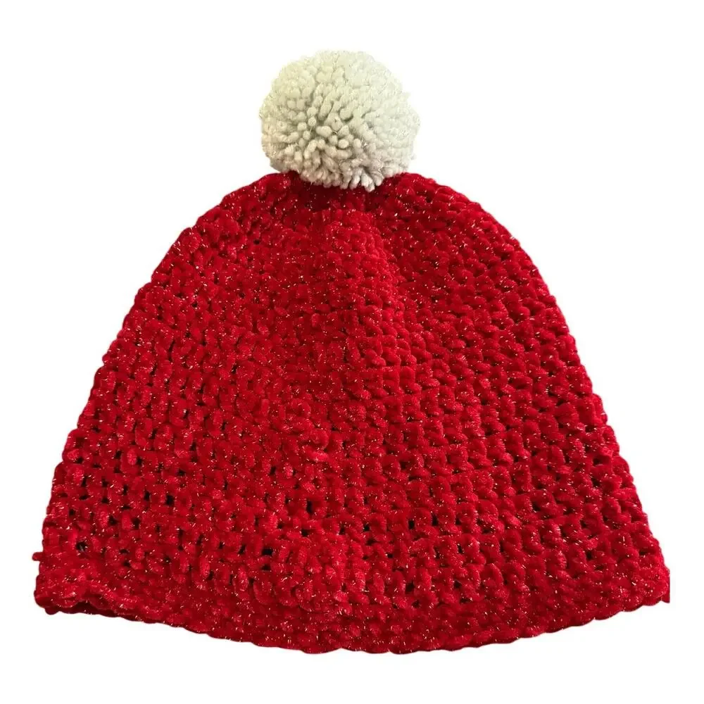 Knit Pompom Hat Red White Winter Christmas Holiday Beanie Metallic Shimmer